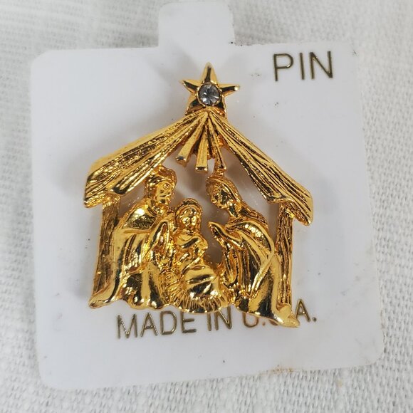 Vintage Gold Tone Nativity Scene Jesus Birth Mary Scene Pin Brooch New - Picture 1 of 4